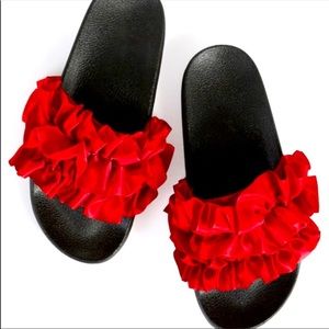New Red Slide Sandals size 9 Satin Ruffle